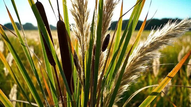 Close-up of reeds and cattails with a field of pampas grass lit by the sun at golden hour