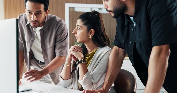Group, people and advice with computer in office for market shift, stock price and trading news. Traders, teamwork and tech with feedback on currency update, financial review and explain investment