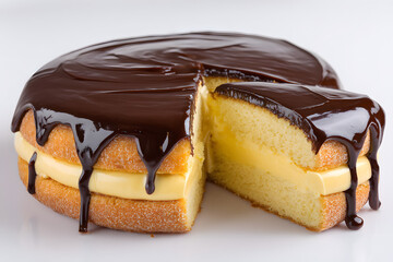Classic Boston Cream Pie Artwork with Isolated Slice and Whole Cake on White Background