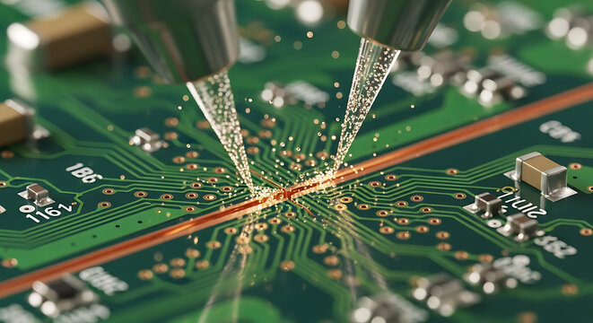 Close up of soldering iron tips welding electronic components on a green circuit board