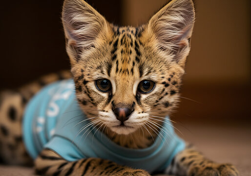 Adorable serval kitten in blue shirt