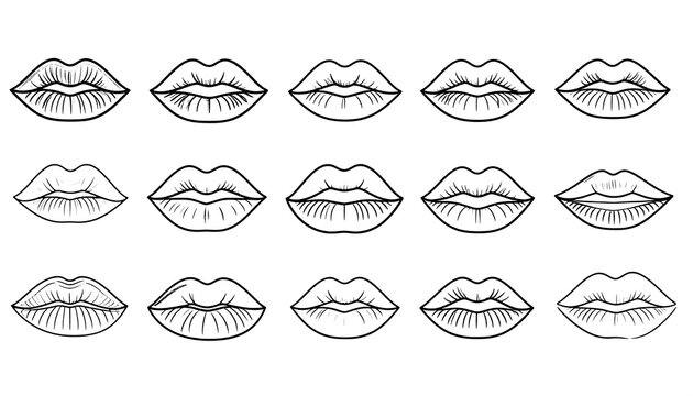 Fifteen lip sketches in three rows, various shapes and styles, black outlines on white