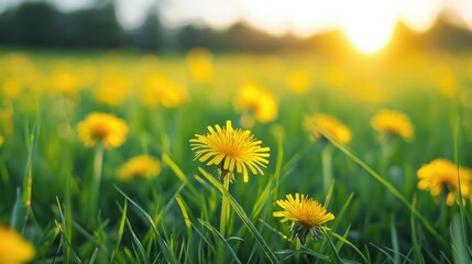 Fototapeta premium Dandelions scatter bright yellow across a lush green meadow at golden hour, backlit by warm sunset light, evoking springtime growth and a peaceful rural glow