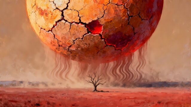 Abstract oil painting of cracked fiery planet over a desert wasteland