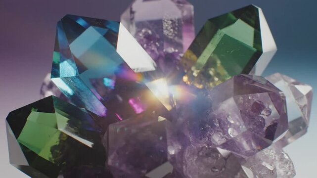 Mesmerizing close up of colorful crystals with light reflection and prismatic effects creating a mystical aesthetic.