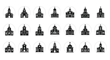 Collection of diverse church building icons in a minimalist silhouette © MDTAHIDURRAHMAN