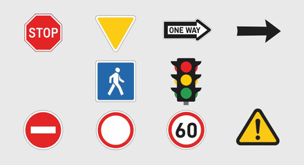 Comprehensive Collection of Traffic Control and Road Safety Signs: Vector Illustration Featuring Stop, Speed Limit, Traffic Light, Pedestrian Crossing, and Warning Symbols for Driver Education