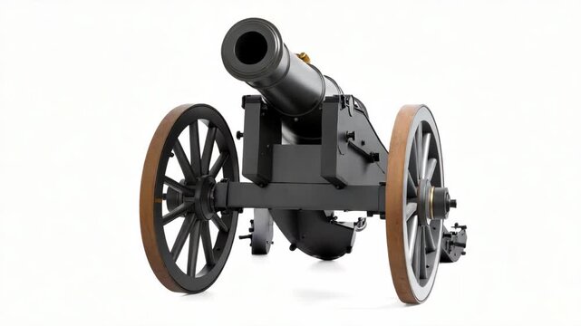 Antique black cannon on wheels with wooden rims on white background