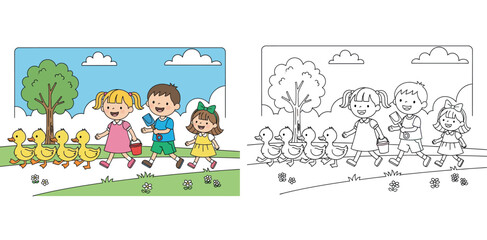 Obraz premium Happy cartoon children walking in line behind cute yellow ducks in the park