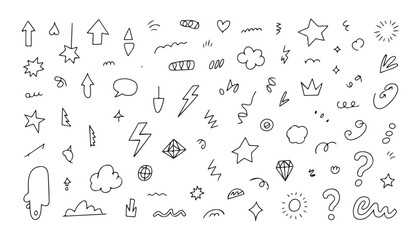 Fototapeta premium Hand drawn doodles icons and symbols like arrows hearts clouds stars and question marks