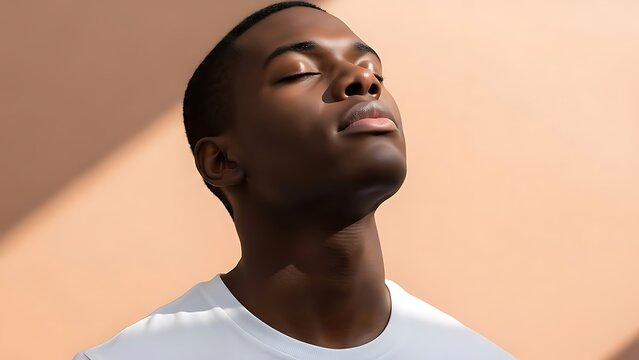 Portrait of a young Black man with closed eyes, lit by sunlight, against a peach background