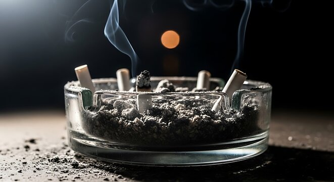 Smoking cigarette butts in ashtray closeup.