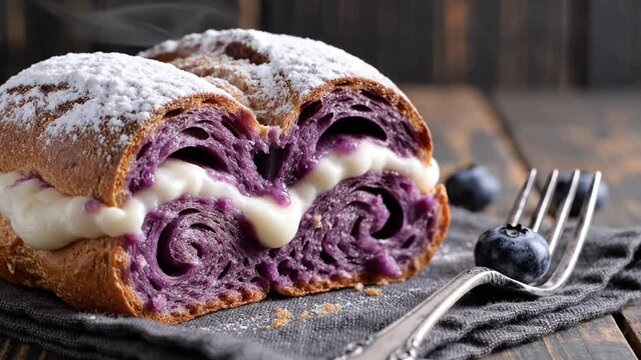 Blueberry cream pastry on wood.