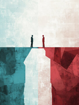 Political polarization concept illustrated by two individuals standing on bridge connecting opposing sides symbolizing division and potential for unity in society