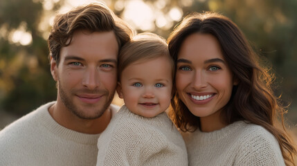 Smiling family of three posing together 