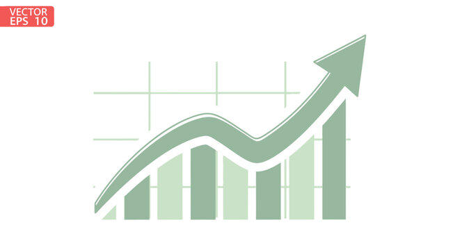 Green up arrow graph on white background, showing business growth and financial success.