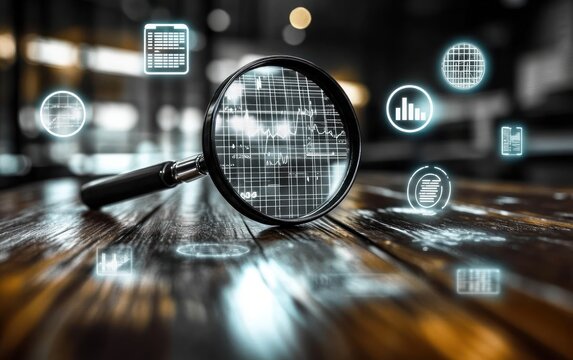 Magnifying glass on a wooden table surrounded by floating holographic data charts and icons with a blurred bokeh background, conveying focused analytical curiosity and scrutiny