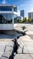 Cracked concrete ground in front of a modern glass building, other buildings in background