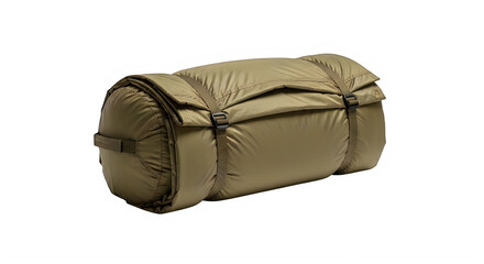 Compact sleeping bag rolled up and secured with straps, isolated on transparent background