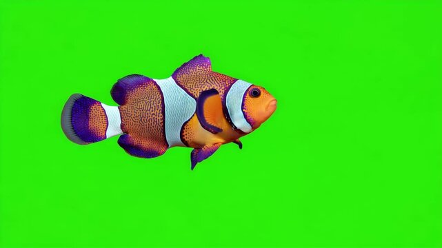 Classic Animated Clownfish Side Profile View swimming on empty green screen, 3D Render Illustration on Bright Green Screen Chroma Key Background. Fish swimming in ocean chroma key