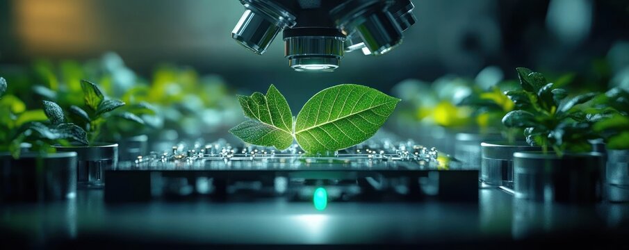 Green leaf on a microchip under a microscope surrounded by small plant samples in a glowing laboratory, evoking scientific curiosity and hopeful innovation