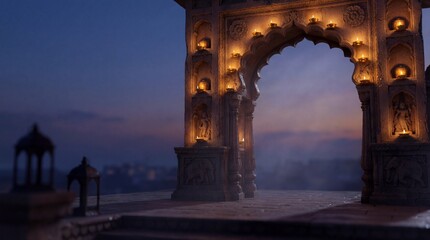 Grand Ancient Archway Illuminated at Dusk with Misty Haze Overlooking Distant Cityscape