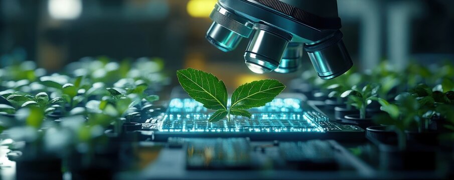 Microscope examining a small green seedling growing on a glowing microchip circuit board surrounded by tiny plants, evoking scientific wonder and hopeful innovation