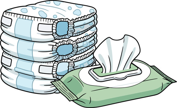 Stack of disposable baby diapers and pack of wet wipes isolated simple line art illustration vector