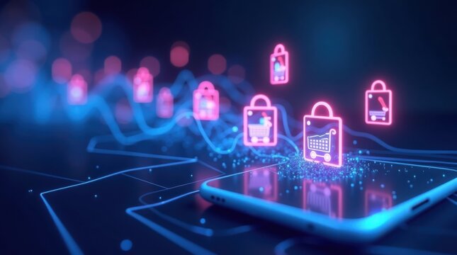 Abstract 3D render of shopping icons flowing as digital data into a smartphone, representing the speed of e-commerce.