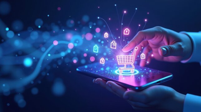 Abstract 3D render of shopping icons flowing as digital data into a smartphone, representing the speed of e-commerce.