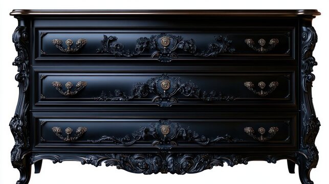 ornate black lacquered three-drawer chest of drawers with intricate carved floral scrollwork, brass handles and decorative curved legs, elegant and dramatic antique feel