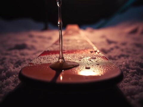 Melted wax drips onto ski base, caught in a grainy, low-angle artistic embrace,  iron,  patina