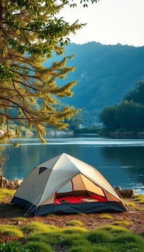Riverbank campsite with a tent set against a tranquil water backdrop,  wilderness,  water