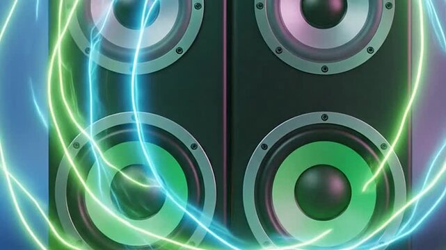 Powerful o speakers emitting vibrant neon energy waves and sound