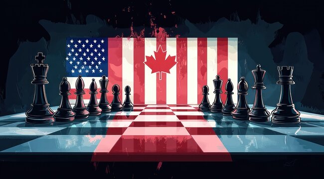 Tense chessboard standoff with opposing rows of black chess pieces on a reflective board before a blended american flag backdrop featuring a central red maple leaf, dramatic mood