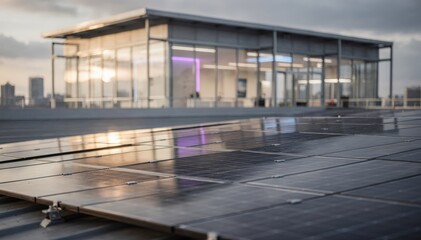 Medium shot of solar panels integrated into a broadcast facilitys new build rooftop with LEDlit interior spaces subtly out of focus beyond.