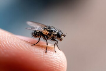 Macro close-up of a fly on human skin