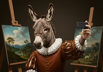 Donkey artist taking selfie with paintings
