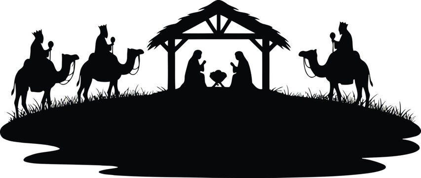 Silhouette nativity scene with wise men on camels and stable under starry sky vector