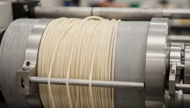 Closeup medium shot of heavy denier elastic polyurethane filaments being spun and tightly wound with visible tension control emphasizing durability and strength for industrial