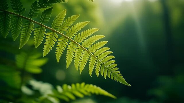 Sunlight filters through green fern leaves in a lush forest