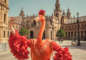 Flamingo selfie in historic square