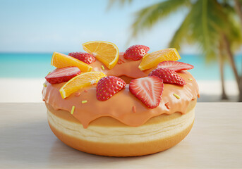 Fruit topped donut beach scene