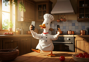 Funny duck chef taking selfie in kitchen
