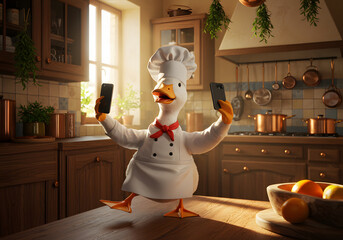 Funny duck chef taking selfie in kitchen