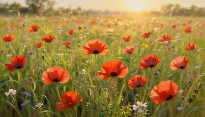 Fototapeta premium Red poppy flowers bloom in a vibrant green meadow at sunset. Nature background for Spring garden, Mothers Day. Summer floral landscape, wild field.