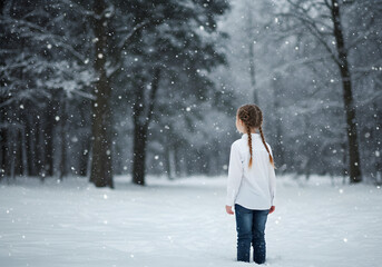 Girl gazing at winter snowfall
