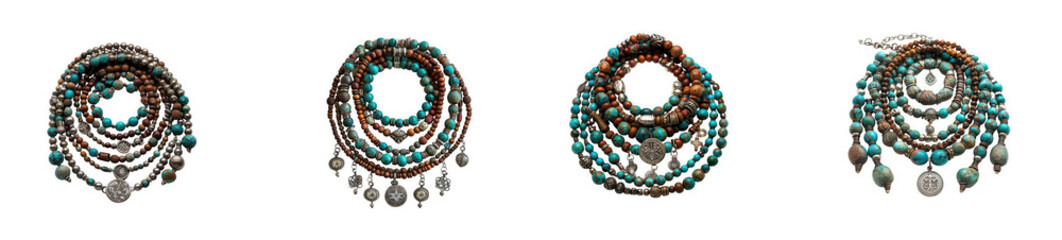 Obraz premium Bohemian Layered Necklaces with Turquoise Beads and Silver Pendants, Tribal Jewelry Style isolated on transparent background