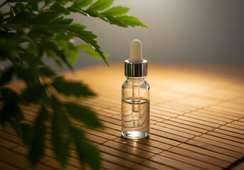 Glass bottle with liquid on bamboo mat