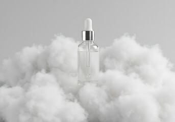 Glass dropper bottle on white fluffy material